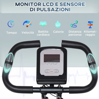 HOMCOM Cyclette Pieghevole con Schienale, Bande Elastiche e 8 Livelli di Resistenza Regolabile, Cyclette da Casa Silenziosa con Display LCD, Sensore di Frequenza Cardiaca, Porta Cellulare e Ruote