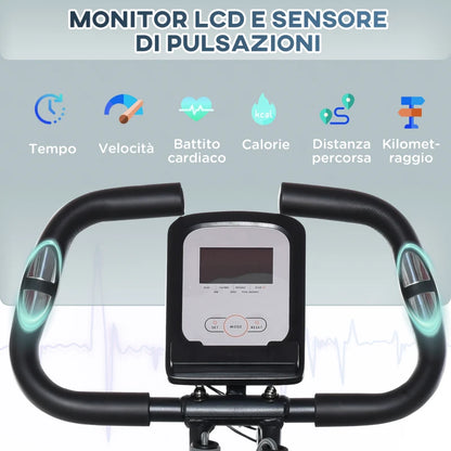 HOMCOM Cyclette Pieghevole con Schienale, Bande Elastiche e 8 Livelli di Resistenza Regolabile, Cyclette da Casa Silenziosa con Display LCD, Sensore di Frequenza Cardiaca, Porta Cellulare e Ruote