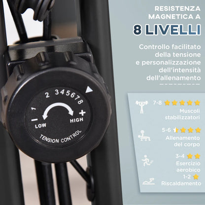 HOMCOM Cyclette Pieghevole con Schienale, Bande Elastiche e 8 Livelli di Resistenza Regolabile, Cyclette da Casa Silenziosa con Display LCD, Sensore di Frequenza Cardiaca, Porta Cellulare e Ruote