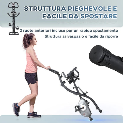 HOMCOM Cyclette Pieghevole con Schienale, Bande Elastiche e 8 Livelli di Resistenza Regolabile, Cyclette da Casa Silenziosa con Display LCD, Sensore di Frequenza Cardiaca, Porta Cellulare e Ruote