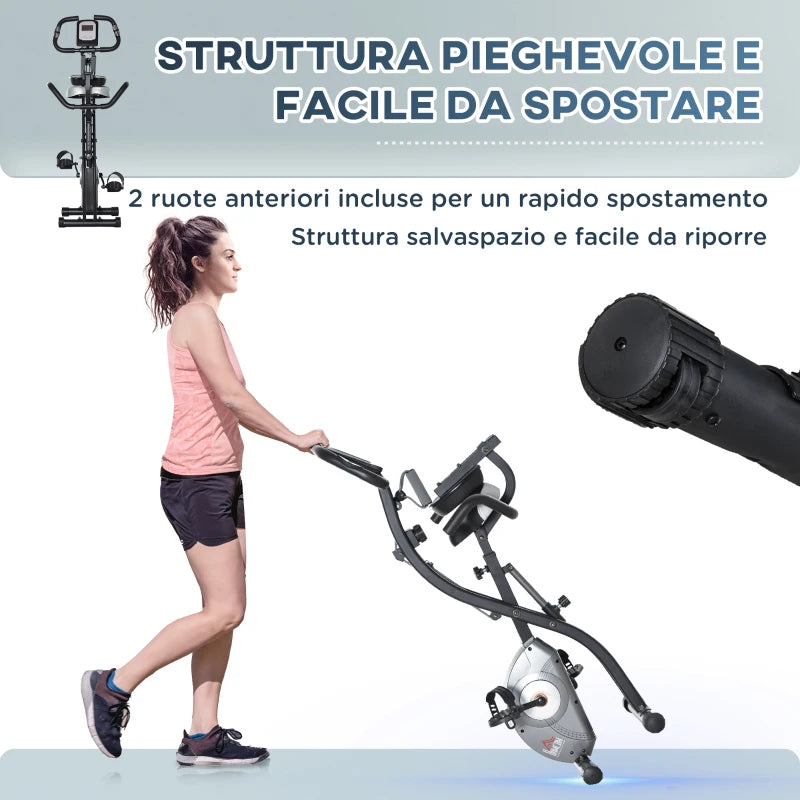 HOMCOM Cyclette Pieghevole con Schienale, Bande Elastiche e 8 Livelli di Resistenza Regolabile, Cyclette da Casa Silenziosa con Display LCD, Sensore di Frequenza Cardiaca, Porta Cellulare e Ruote