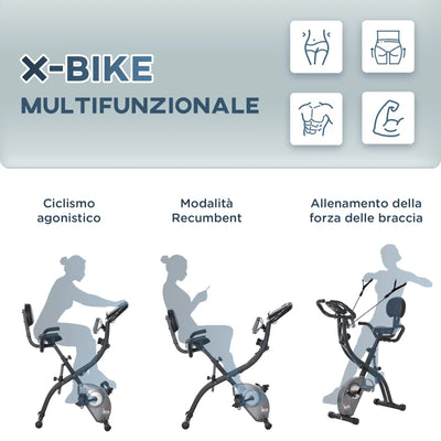 HOMCOM Cyclette Pieghevole con Schienale, Bande Elastiche e 8 Livelli di Resistenza Regolabile, Cyclette da Casa Silenziosa con Display LCD, Sensore di Frequenza Cardiaca, Porta Cellulare e Ruote