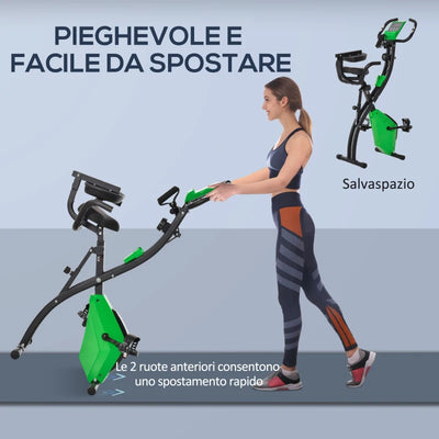 HOMCOM Cyclette Pieghevole 2 in 1, Resistenza Magnetica Regolabile 8 Livelli, Cyclette da Casa Silenziosa con Sensore di Frequenza Cardiaca, Elastici per Braccia, Schermo LCD, Volano 2.5kg, Verde