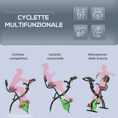 HOMCOM Cyclette Pieghevole 2 in 1, Resistenza Magnetica Regolabile 8 Livelli, Cyclette da Casa Silenziosa con Sensore di Frequenza Cardiaca, Elastici per Braccia, Schermo LCD, Volano 2.5kg, Verde
