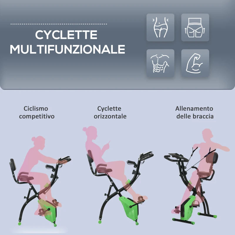 HOMCOM Cyclette Pieghevole 2 in 1, Resistenza Magnetica Regolabile 8 Livelli, Cyclette da Casa Silenziosa con Sensore di Frequenza Cardiaca, Elastici per Braccia, Schermo LCD, Volano 2.5kg, Verde