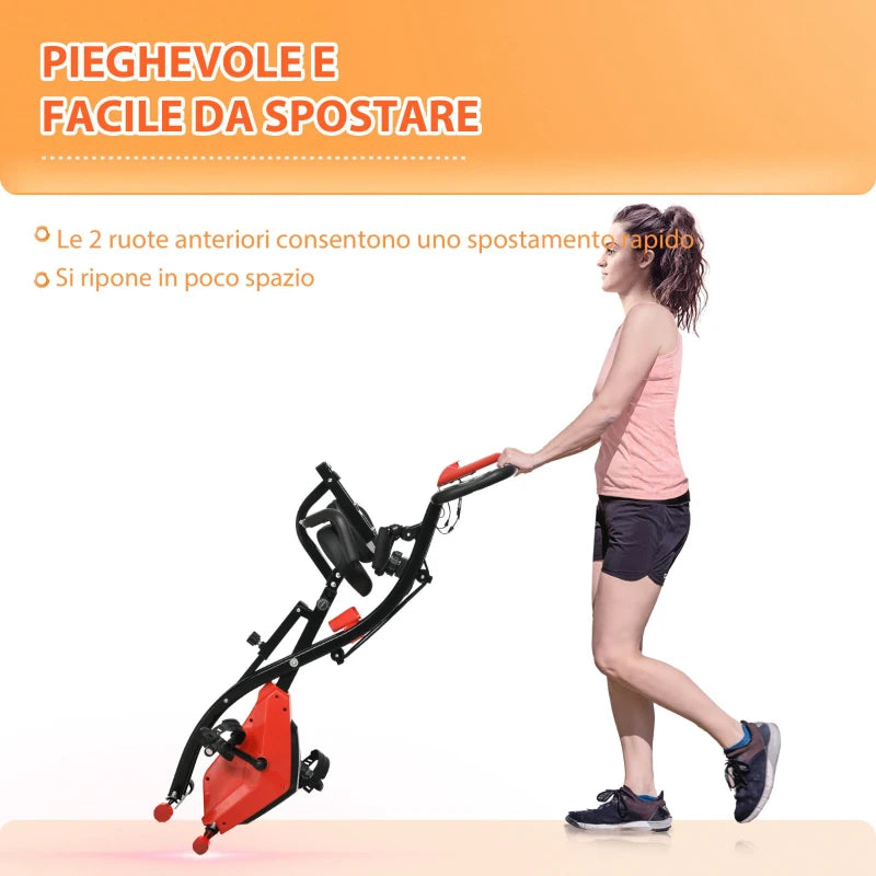 HOMCOM Cyclette Pieghevole 2 in 1, Resistenza Magnetica Regolabile 8 Livelli, Cyclette da Casa Silenziosa con Sensore di Frequenza Cardiaca, Elastici per Braccia, Schermo LCD, Volano 2.5kg, Rosso