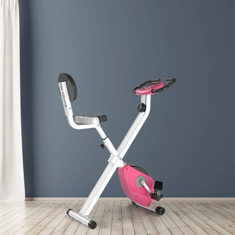HOMCOM Cyclette Pieghevole da Fitness in Acciaio, Cyclette Magnetica Pieghevole da Casa con Altezza Regolabile, Resistenza Magnetica a 8 Livelli, Schermo LCD, 43x97x109cm, Rosa