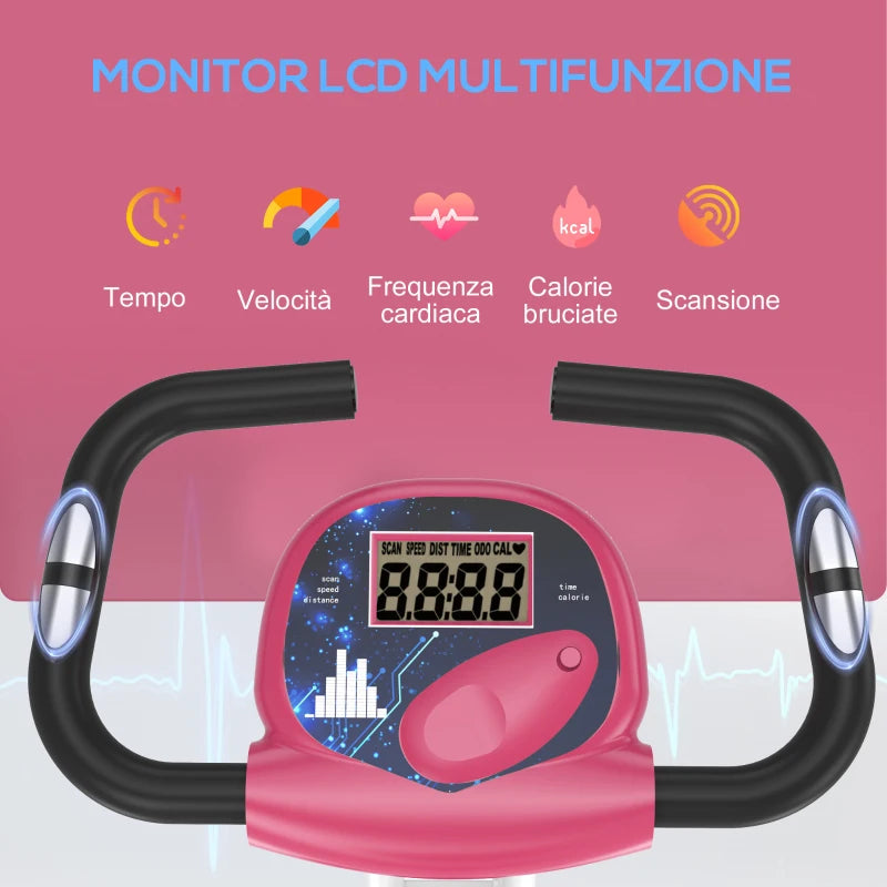 HOMCOM Cyclette Pieghevole da Fitness in Acciaio, Cyclette Magnetica Pieghevole da Casa con Altezza Regolabile, Resistenza Magnetica a 8 Livelli, Schermo LCD, 43x97x109cm, Rosa