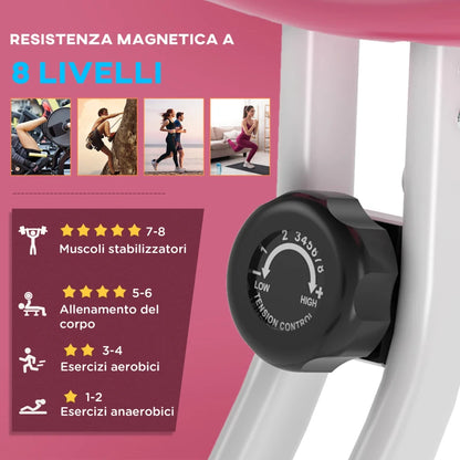 HOMCOM Cyclette Pieghevole da Fitness in Acciaio, Cyclette Magnetica Pieghevole da Casa con Altezza Regolabile, Resistenza Magnetica a 8 Livelli, Schermo LCD, 43x97x109cm, Rosa