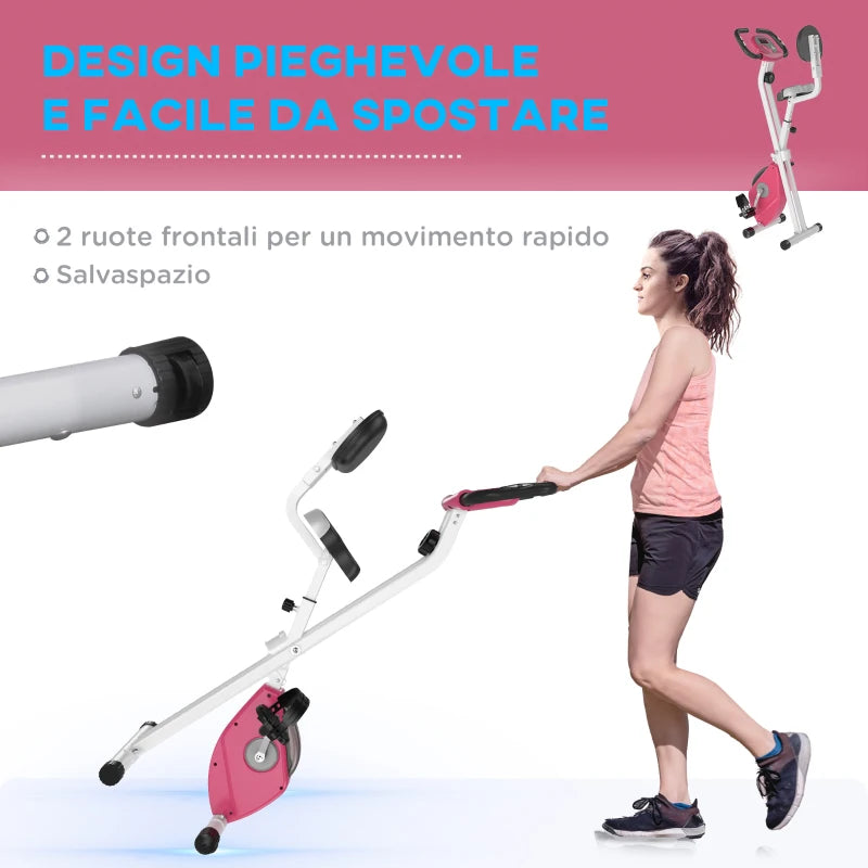 HOMCOM Cyclette Pieghevole da Fitness in Acciaio, Cyclette Magnetica Pieghevole da Casa con Altezza Regolabile, Resistenza Magnetica a 8 Livelli, Schermo LCD, 43x97x109cm, Rosa