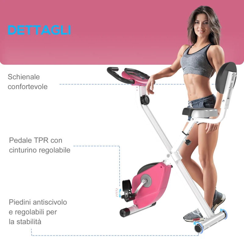 HOMCOM Cyclette Pieghevole da Fitness in Acciaio, Cyclette Magnetica Pieghevole da Casa con Altezza Regolabile, Resistenza Magnetica a 8 Livelli, Schermo LCD, 43x97x109cm, Rosa