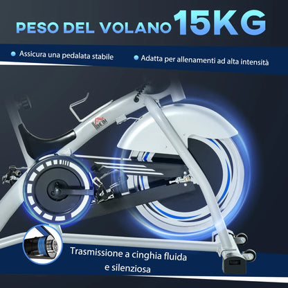 HOMCOM Cyclette da Casa con Resistenza Magnetica, Fitness Cyclette da Camera Professionale con Manubrio e Sella Regolabile, Monitor LCD e Volano 15kg, Supporto Fino a 180kg, Argento Nero