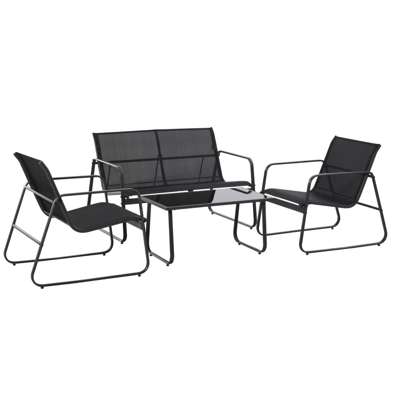 Outsunny Set Salotto da Giardino da 4 Pezzi, con Divanetto da Esterno a 2 Posti, 2 Sedie e Tavolo da Caffè in Vetro Temperato, Set di Mobili da Giardino in Metallo e Texteline, Nero