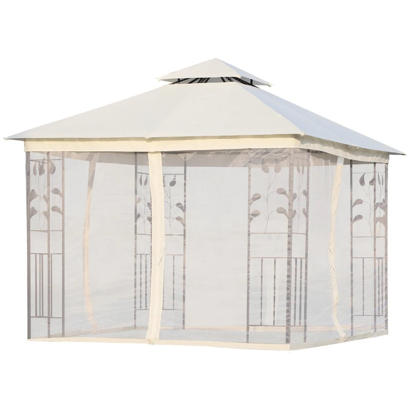 Outsunny Gazebo da Giardino 3x3m con Zanzariera, Telaio in Acciaio e Doppio Tettuccio, Bianco