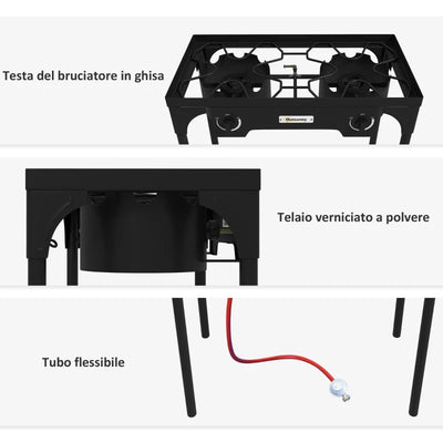 Outsunny Fornello a Gas da Campeggio con 2 Bruciatori 150,000 BTU in Metallo con Gambe Rimovibili, Nero