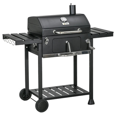 Outsunny Barbecue a Carbone con Coperchio con Termometro, Griglia Regolabile, Ruote e Tavolini, Nero