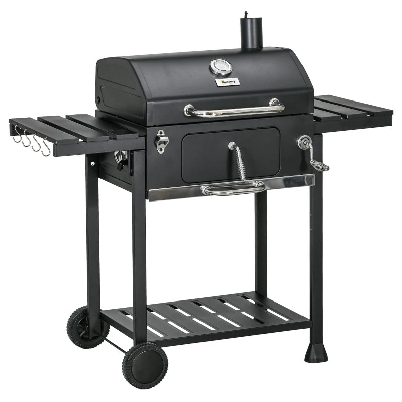 Outsunny Barbecue a Carbone con Coperchio con Termometro, Griglia Regolabile, Ruote e Tavolini, Nero