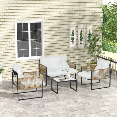 Outsunny Set da Giardino 4 Pezzi in Rattan con Divanetto, 2 Sedie e Tavolino da Caffè, Nero, Marrone e Crema