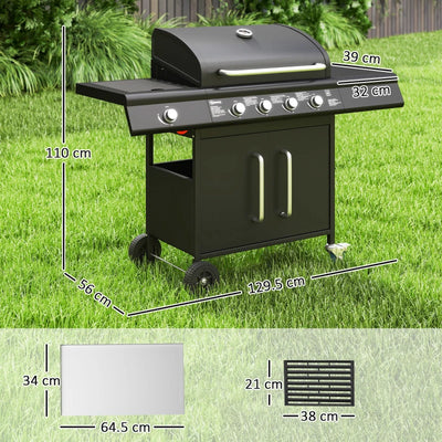 Outsunny Barbecue a Gas con Fornello Laterale, Tavolino e Armadietto, in Acciaio e PP, 129.5x56x110 cm, Nero