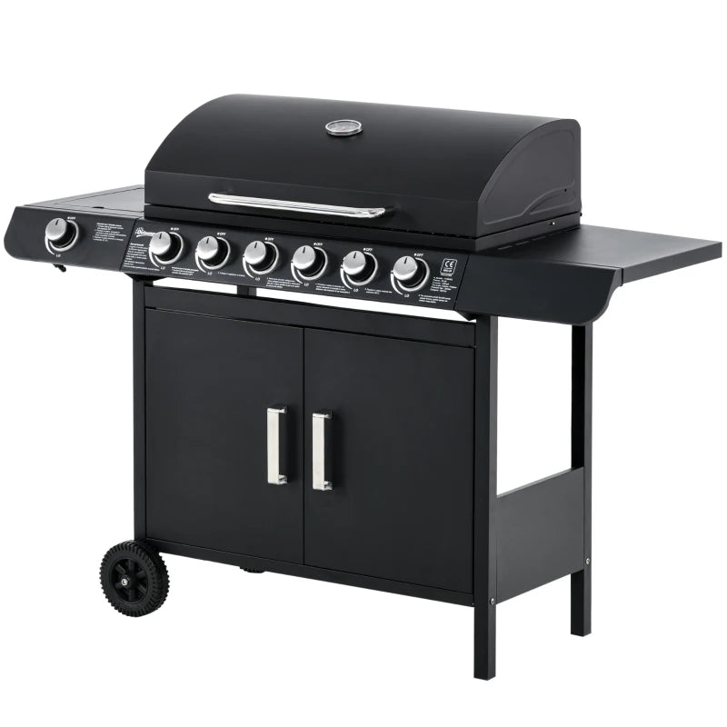 Outsunny Barbecue a Gas con Coperchio, 7 Bruciatori da 20kW, Fornello Laterale e 2 Ruote, 135x50x100 cm, Nero