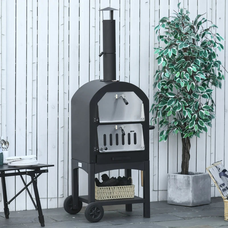 Outsunny Forno per Pizza e Barbecue a Carbone Portatile in Acciaio con Camino e Ruote, 63x54x161 cm, Nero