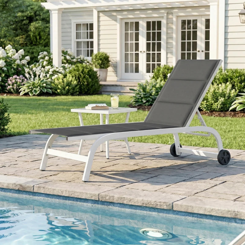 Outsunny Lettino Prendisole da Giardino con Ruote, in Texteline con Telaio in Alluminio, Grigio Scuro e Bianco