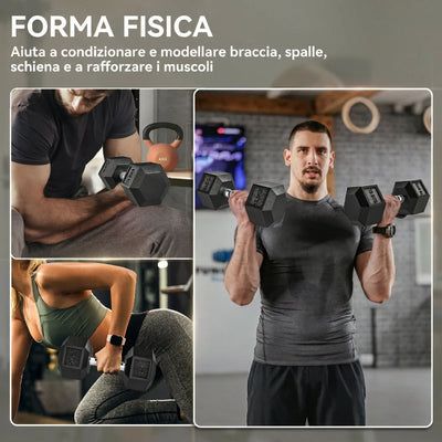 HOMCOM Set di Manubri Palestra da 2x12.5 kg Esagonale, Pesi per Palestra con Impugnatura Zigrinata Antiscivolo, Nero