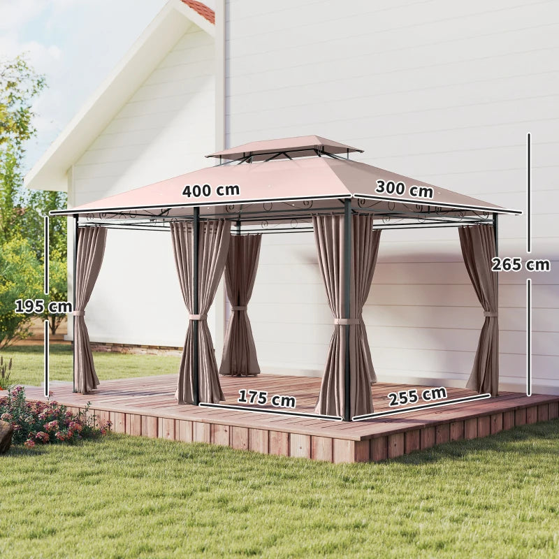 Outsunny Gazebo da Giardino 4x3m con Doppio Tetto e Tende Laterali in Acciaio e Poliestere, Color Cachi