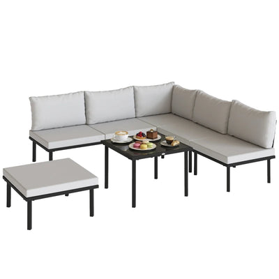 Outsunny Set Mobili Giardino Metallo 6 Persone, Divano Angolare Cuscini, Grigio Chiaro