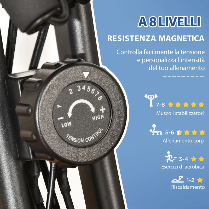 HOMCOM Cyclette Pieghevole 2 in 1, Resistenza Magnetica Regolabile 8 Livelli, Cyclette da Casa Silenziosa con Sensore Cardiaco, Sedile Regolabile, Bande Elastici, Schermo LCD, Ruote, Nero