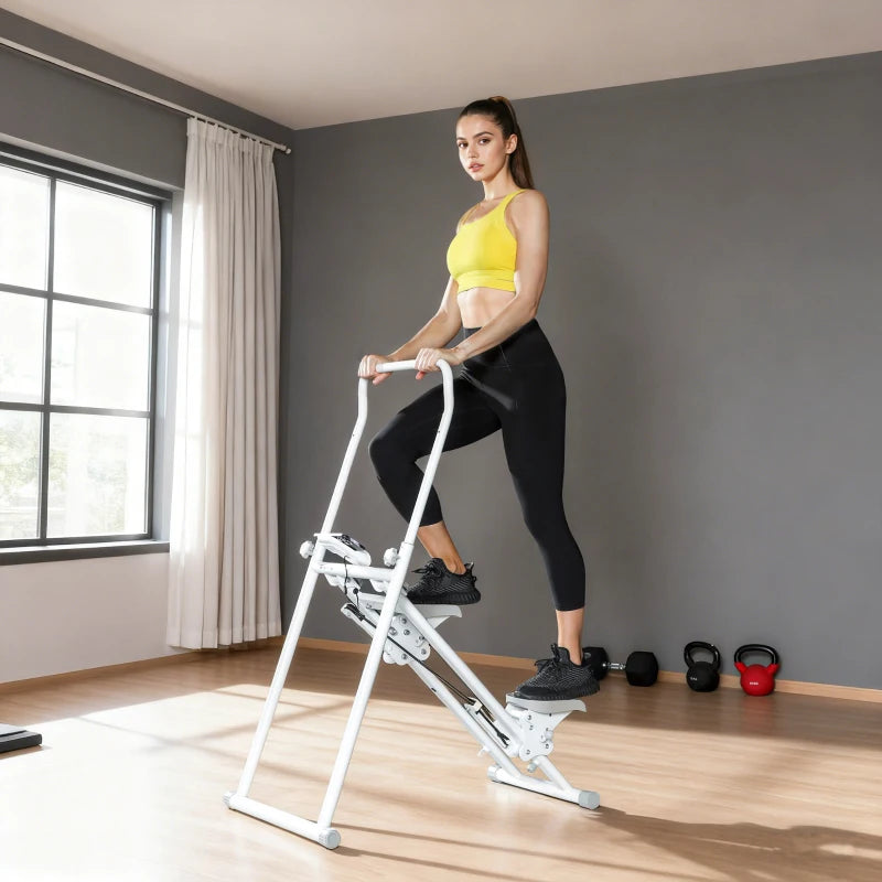 SPORTNOW Stepper Vertical Climber Pieghevole con Impugnatura Regolabile, Pedali Antiscivolo e Monitor LCD, Bianco