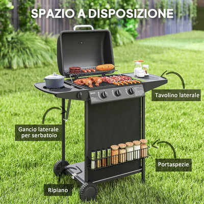 Outsunny Barbecue a Gas con 4 Bruciatori Indipendenti e Coperchio con Termometro, 108x54x97 cm, Nero