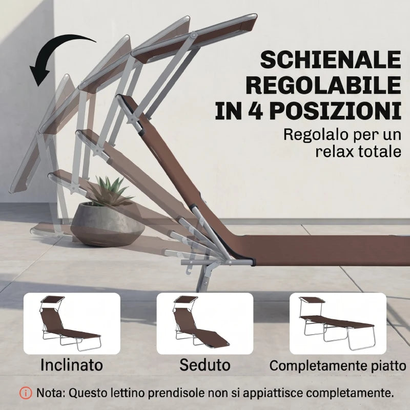 Outsunny Lettino Sdraio da Esterno, Sedia Sdraio da Esterno Pieghevole e Regolabile con Tettuccio in Tessuto Marrone, 187x58x36cm