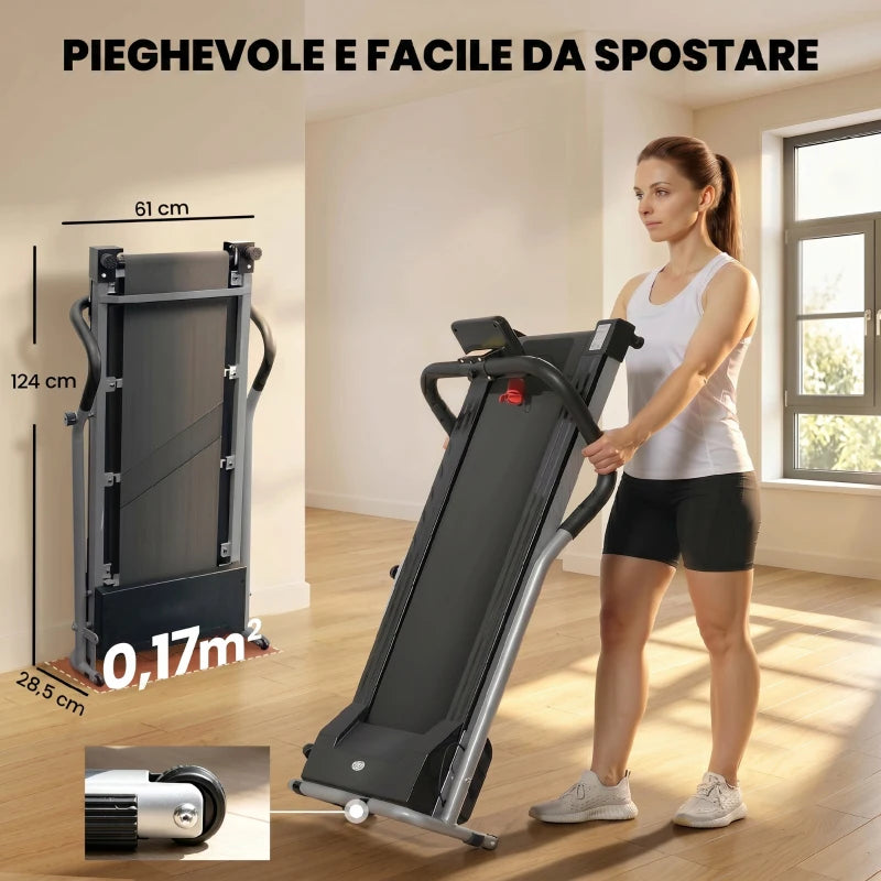 HOMCOM Tapis Roulant Elettrico Pieghevole, Tapis Roulant Elettrico Portatile 1.25HP con Schermo LCD, Velocità 1-10 km/h, Ruote, Allenamento per Casa, Ufficio, Palestra, Nero e Grigio