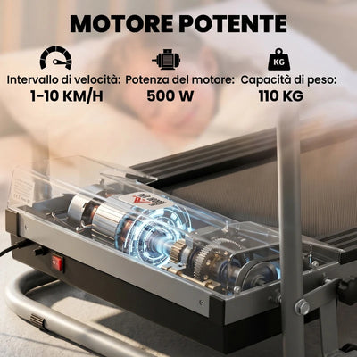 HOMCOM Tapis Roulant Elettrico Pieghevole, Tapis Roulant Elettrico Portatile 1.25HP con Schermo LCD, Velocità 1-10 km/h, Ruote, Allenamento per Casa, Ufficio, Palestra, Nero e Grigio