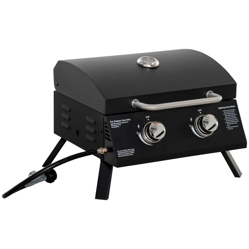 Outsunny Barbecue a Gas Pieghevole con Coperchio, Termometro e 2 Bruciatori in Acciaio, 55x46.5x41 cm, Nero