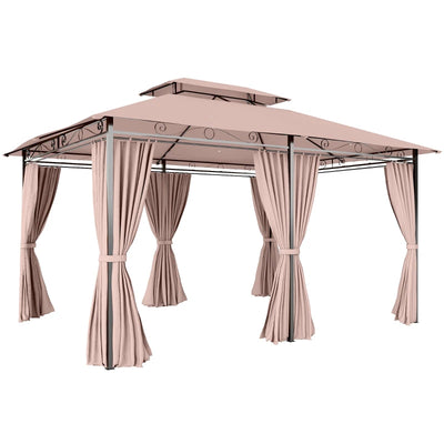 Outsunny Gazebo da Giardino 4x3m con Doppio Tetto e Tende Laterali in Acciaio e Poliestere, Color Cachi