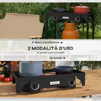 Outsunny Fornello a Gas da Campeggio con 2 Bruciatori 150,000 BTU in Metallo con Gambe Rimovibili, Nero