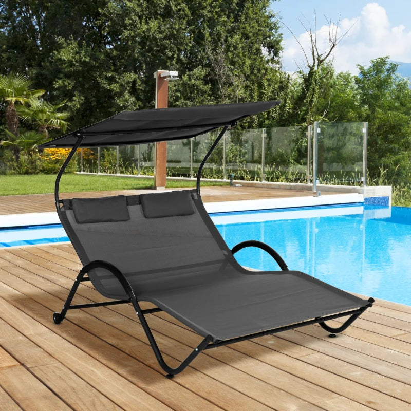 Outsunny Lettino Prendisole Reclinabile a 2 Posti con Ruote, Poggiatesta Imbottito e Tetto, 200x137x138 cm, Grigio