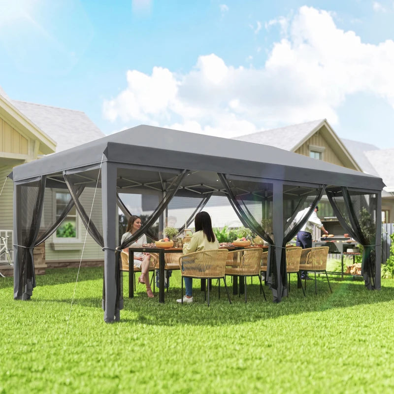 Outsunny Gazebo da Giardino Pieghevole 6x3 m con 6 Zanzariere e Pulsante, in Acciaio e Poliestere, Grigio