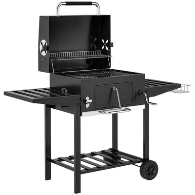 Outsunny Barbecue a Carbone a Rotelle con Griglia Regolabile e Ripiani Pieghevoli, in Acciaio e PP, 133.5x65x110 cm, Nero