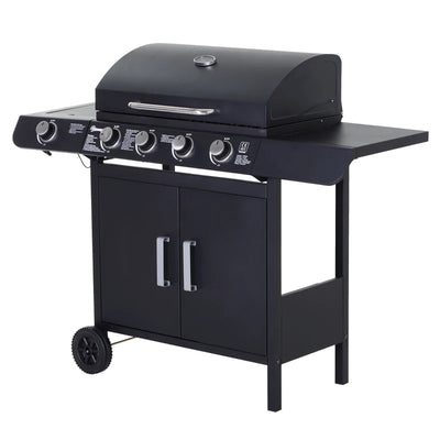 Outsunny Barbecue a Gas a 5 Fornelli con Ripiani Laterali e Armadietto, in Acciaio e PP, 125x51x100 cm, Nero