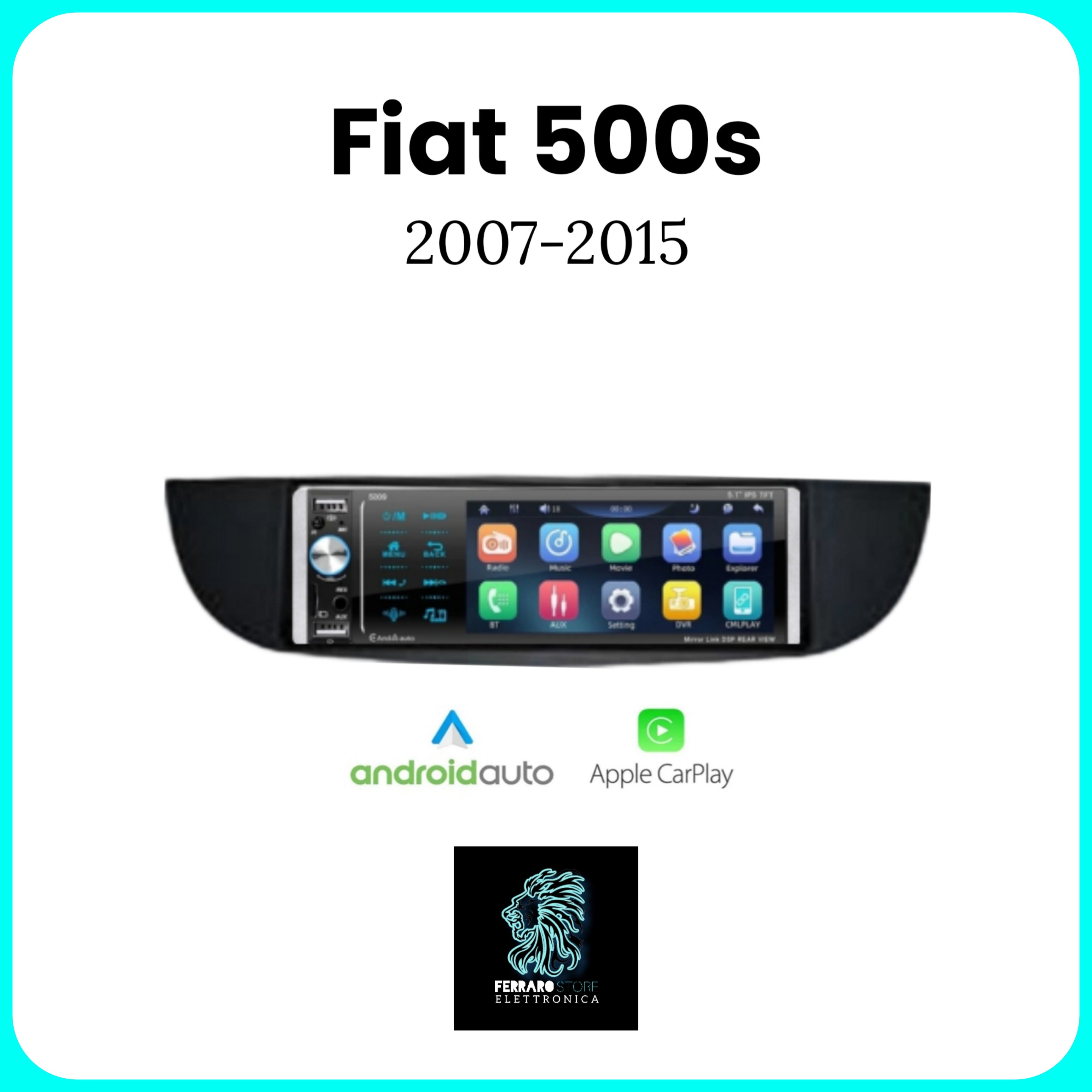 Autoradio per FIAT 500s [2007 - 2014] - 1Din, Schermo 5.5"Pollici, Bluetooth, Radio, USB, CarPlay & Android Auto Cablato