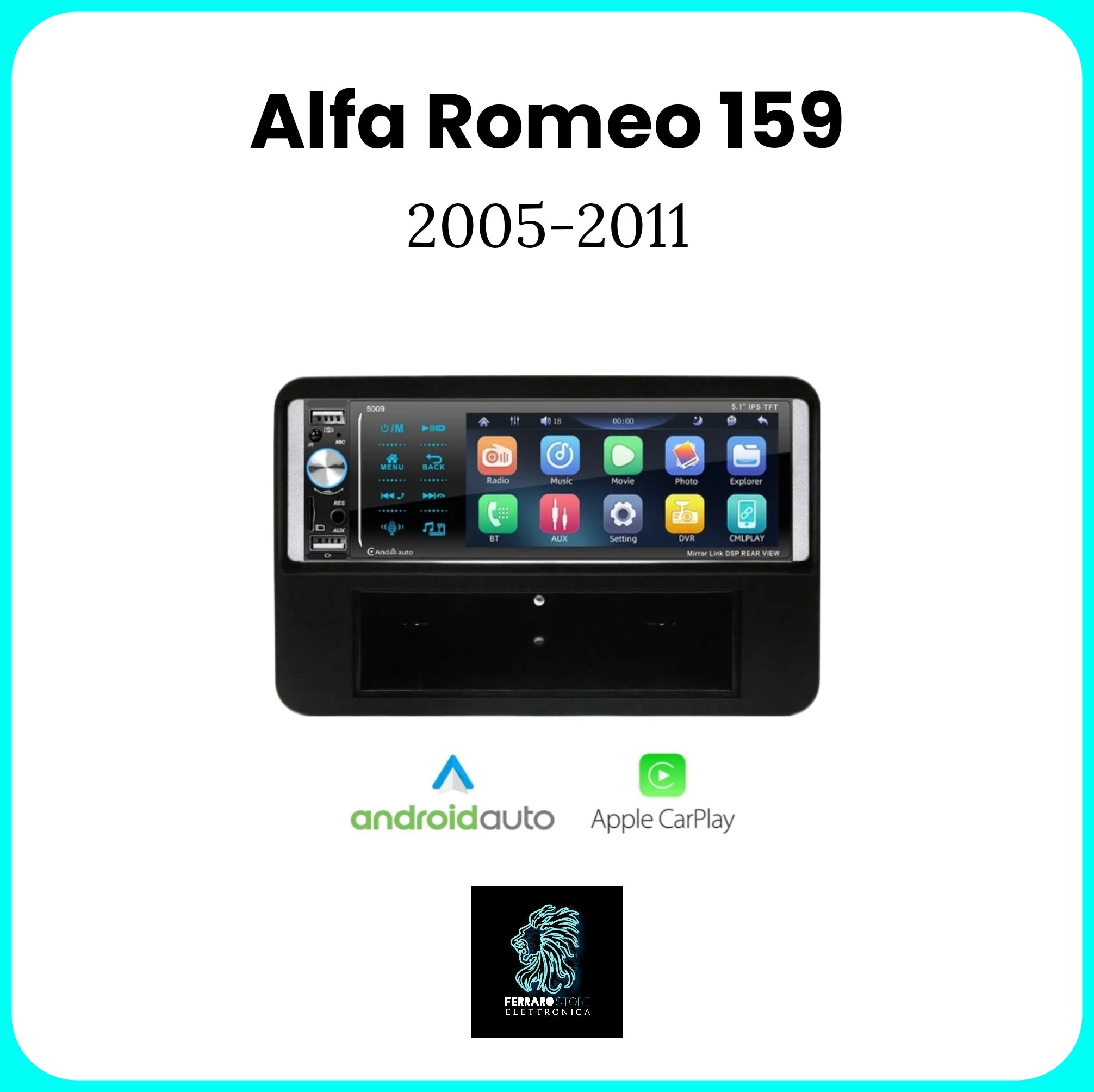 Autoradio per ALFA ROMEO 159 NO NAVI. [2005 - 2011] - 1Din, Schermo 5.5"Pollici, Bluetooth, Radio, USB, CarPlay & Android Auto Cablato