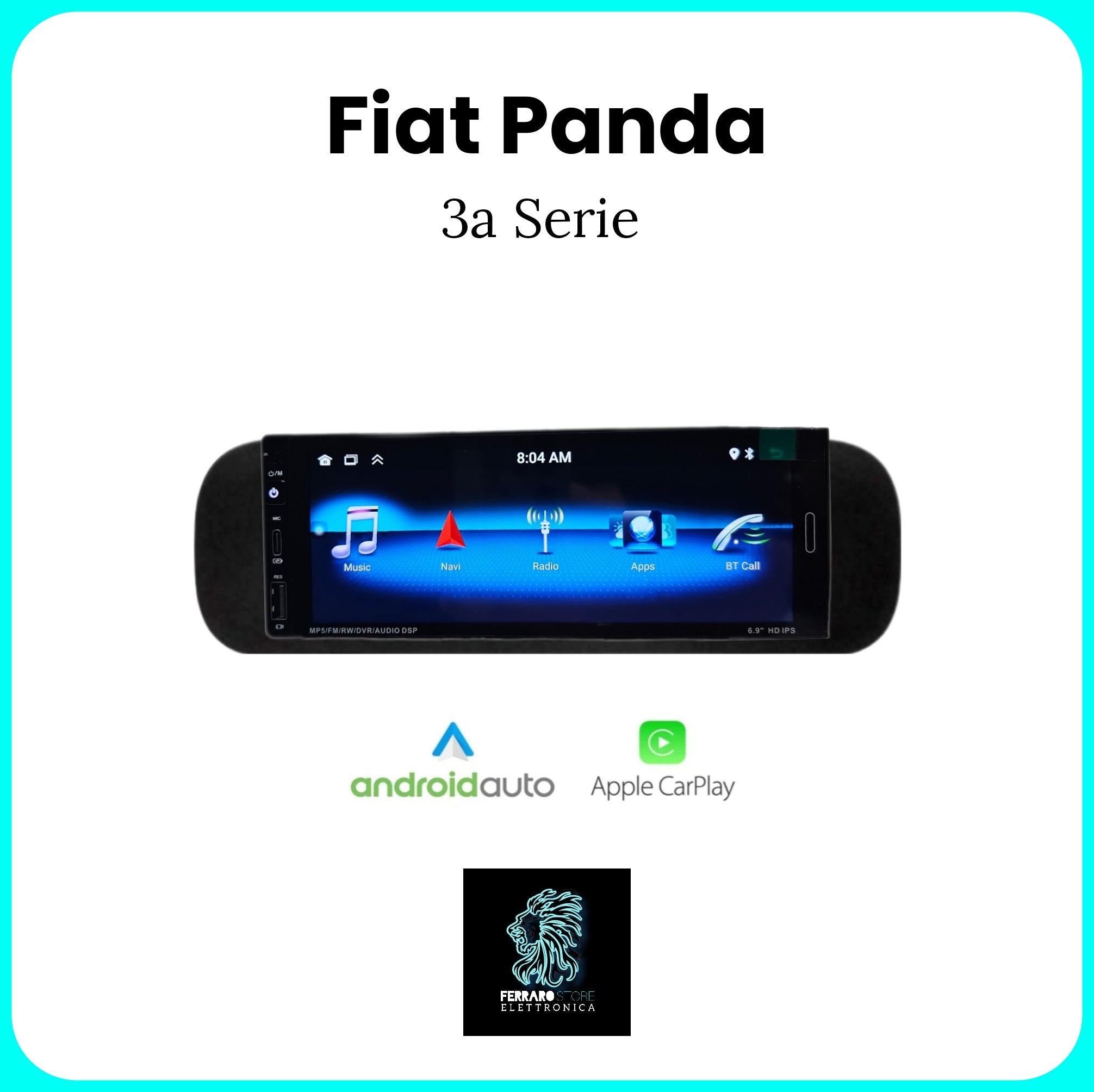 Autoradio per FIAT Panda 3a - 1Din 6.9"Pollici, Android, CarPlay & Android Auto, Bluetooth, Radio, GPS, Wifi, Youtube, PlayStore
