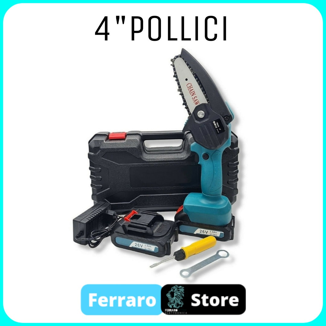 Kit 2 in 1 Mini Motosega Elettrica & Forbici Cesoia Potatura - 4 Batterie, Doppia Valigetta e Completa di Accessori.