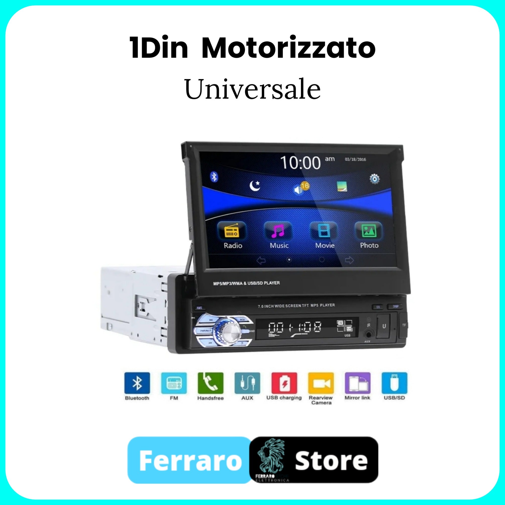 Autoradio Universale [MOTORIZZATO] - 1Din, Schermo 7"Pollici, Bluetooth, Radio, USB, Mirror Link per Android