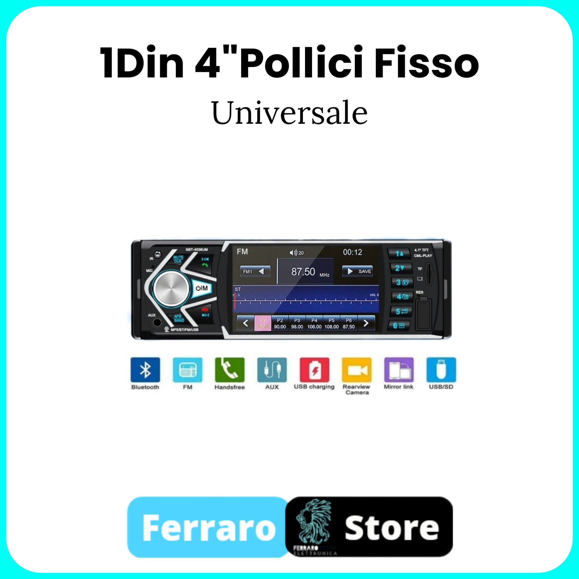 Autoradio Universale [FISSO] - 1Din 4" Pollici, Bluetooth, Radio, AUX, USB.