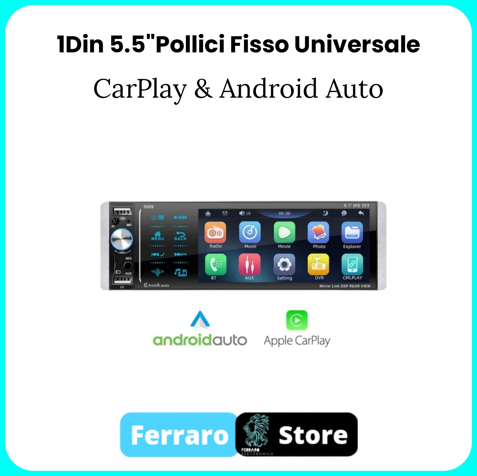 Autoradio Universale [FISSO] - 1Din, Schermo 5.5"Pollici, Bluetooth, Radio, USB, CarPlay & Android Auto Cablato