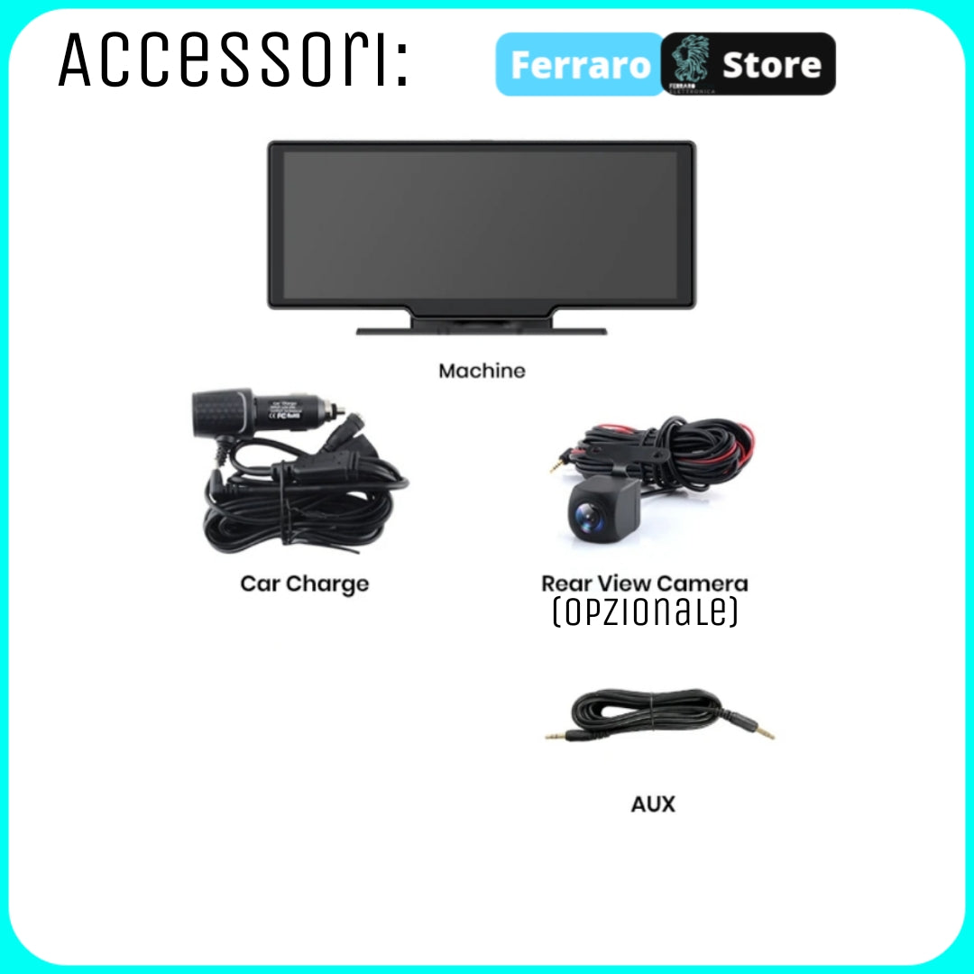 Monitor Universale [PORTATILE] - 10.26"Pollici, Plug and Play, Car Play e Android Auto, Mirror Link, Bluetooth, Radio, Aux, Dash Cam